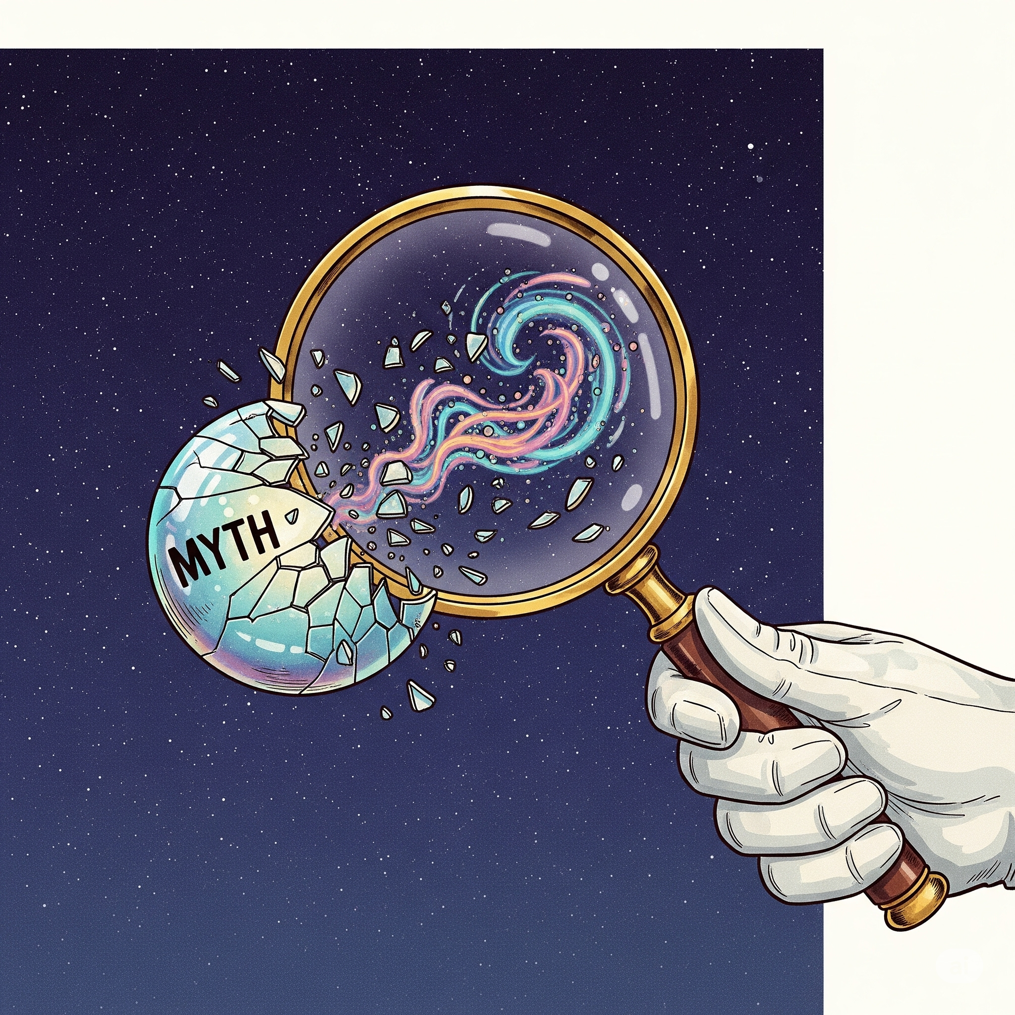 Illustration of a magnifying glass breaking a myth